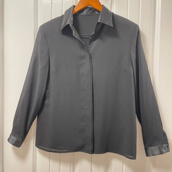 Vintage Satin Trim Hidden Button Blouse Black - Picture 2 of 15